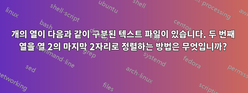 3개의 열이 다음과 같이 구분된 텍스트 파일이 있습니다. 두 번째 열을 열 2의 마지막 2자리로 정렬하는 방법은 무엇입니까?