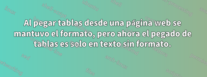 Al pegar tablas desde una página web se mantuvo el formato, pero ahora el pegado de tablas es solo en texto sin formato.