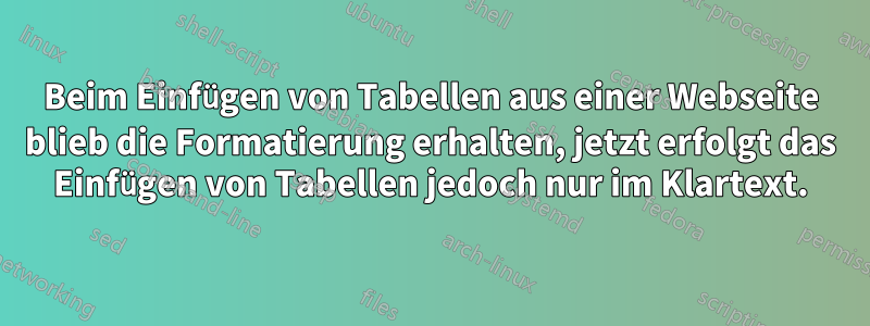 Beim Einfügen von Tabellen aus einer Webseite blieb die Formatierung erhalten, jetzt erfolgt das Einfügen von Tabellen jedoch nur im Klartext.