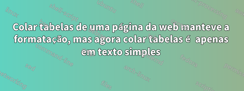 Colar tabelas de uma página da web manteve a formatação, mas agora colar tabelas é apenas em texto simples