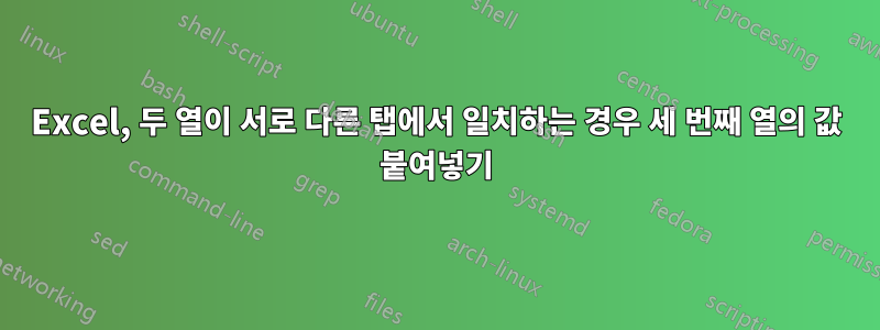 Excel, 두 열이 서로 다른 탭에서 일치하는 경우 세 번째 열의 값 붙여넣기