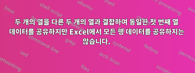 두 개의 열을 다른 두 개의 열과 결합하여 동일한 첫 번째 열 데이터를 공유하지만 Excel에서 모든 행 데이터를 공유하지는 않습니다.