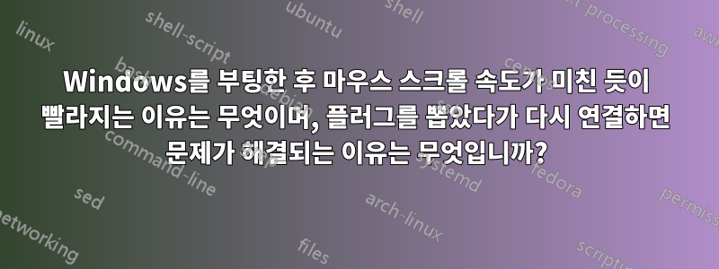 Windows를 부팅한 후 마우스 스크롤 속도가 미친 듯이 빨라지는 이유는 무엇이며, 플러그를 뽑았다가 다시 연결하면 문제가 해결되는 이유는 무엇입니까?