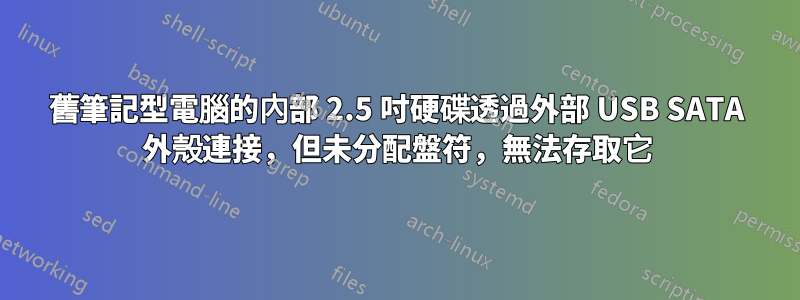舊筆記型電腦的內部 2.5 吋硬碟透過外部 USB SATA 外殼連接，但未分配盤符，無法存取它