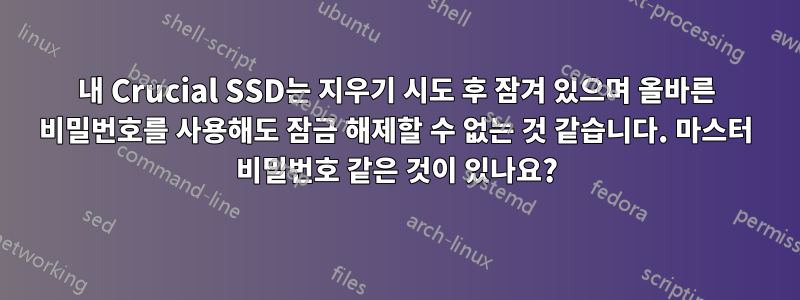 내 Crucial SSD는 지우기 시도 후 잠겨 있으며 올바른 비밀번호를 사용해도 잠금 해제할 수 없는 것 같습니다. 마스터 비밀번호 같은 것이 있나요?