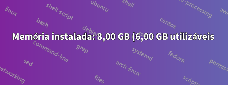 Memória instalada: 8,00 GB (6,00 GB utilizáveis) - 2,00 GB são reservados para hardware