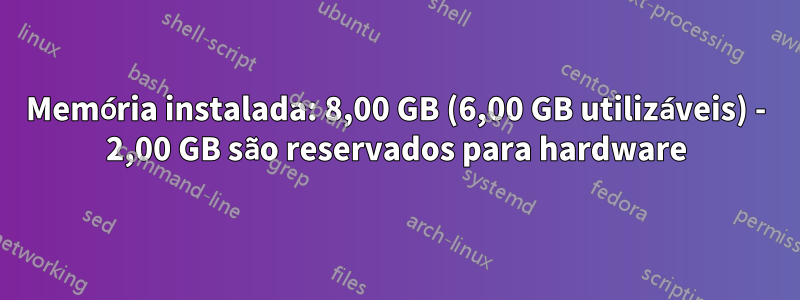 Memória instalada: 8,00 GB (6,00 GB utilizáveis) - 2,00 GB são reservados para hardware