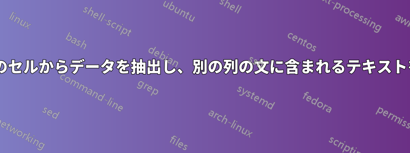 ある列の1つのセルからデータを抽出し、別の列の文に含まれるテキストを置き換える