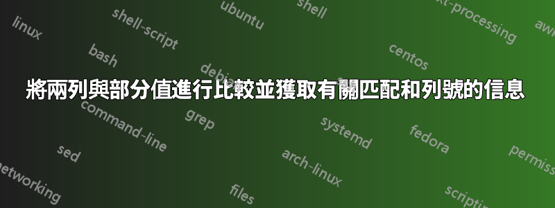 將兩列與部分值進行比較並獲取有關匹配和列號的信息