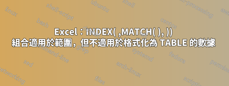 Excel：INDEX( ,MATCH( ), )) 組合適用於範圍，但不適用於格式化為 TABLE 的數據