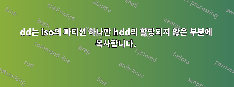 dd는 iso의 파티션 하나만 hdd의 할당되지 않은 부분에 복사합니다.