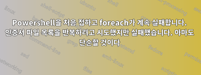 Powershell을 처음 접하고 foreach가 계속 실패합니다. 인증서 파일 목록을 반복하려고 시도했지만 실패했습니다. 아마도 단순할 것이다