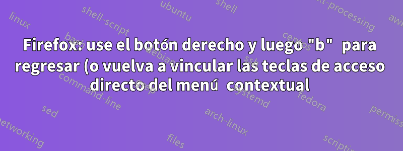 Firefox: use el botón derecho y luego "b" para regresar (o vuelva a vincular las teclas de acceso directo del menú contextual)