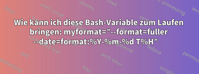 Wie kann ich diese Bash-Variable zum Laufen bringen: myformat="--format=fuller --date=format:%Y-%m-%d T%H" 