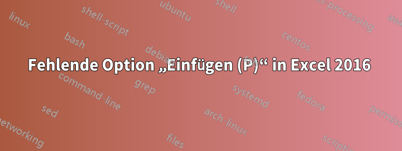 Fehlende Option „Einfügen (P)“ in Excel 2016