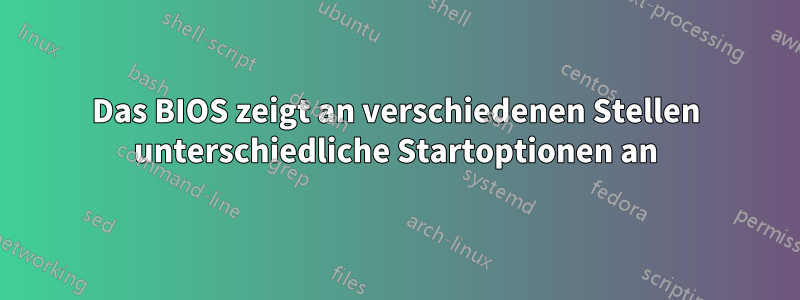 Das BIOS zeigt an verschiedenen Stellen unterschiedliche Startoptionen an