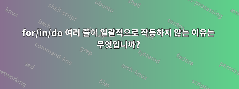 for/in/do 여러 줄이 일괄적으로 작동하지 않는 이유는 무엇입니까?