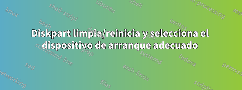 Diskpart limpia/reinicia y selecciona el dispositivo de arranque adecuado