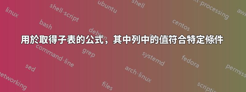 用於取得子表的公式，其中列中的值符合特定條件