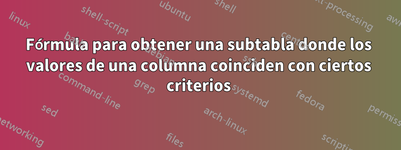 Fórmula para obtener una subtabla donde los valores de una columna coinciden con ciertos criterios