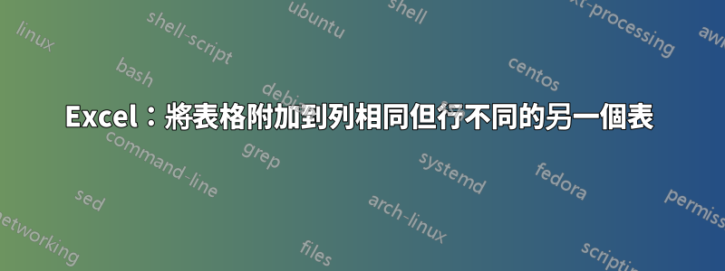 Excel：將表格附加到列相同但行不同的另一個表