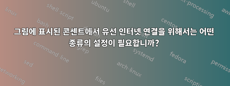 그림에 표시된 콘센트에서 유선 인터넷 연결을 위해서는 어떤 종류의 설정이 필요합니까?