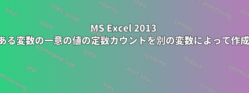 MS Excel 2013 で、ある変数の一意の値の定数カウントを別の変数によって作成する 