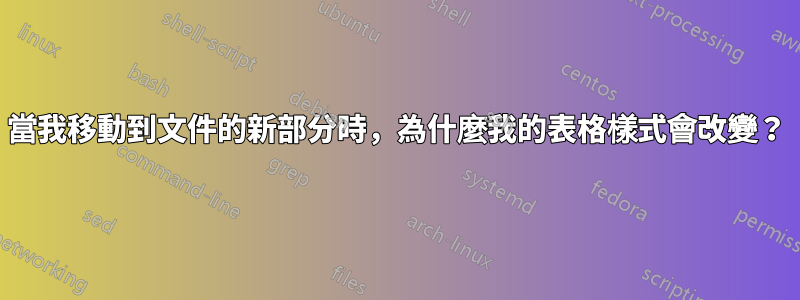 當我移動到文件的新部分時，為什麼我的表格樣式會改變？