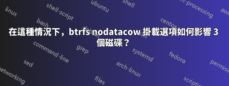在這種情況下，btrfs nodatacow 掛載選項如何影響 3 個磁碟？