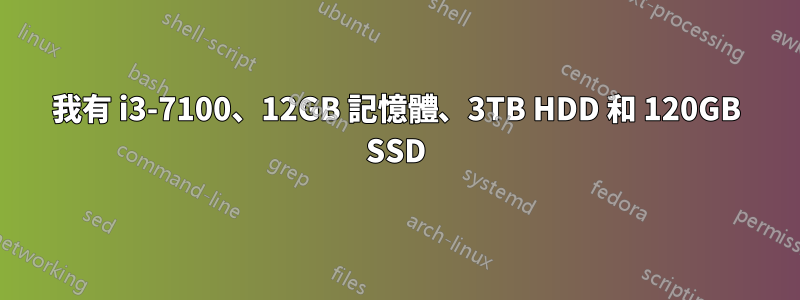 我有 i3-7100、12GB 記憶體、3TB HDD 和 120GB SSD