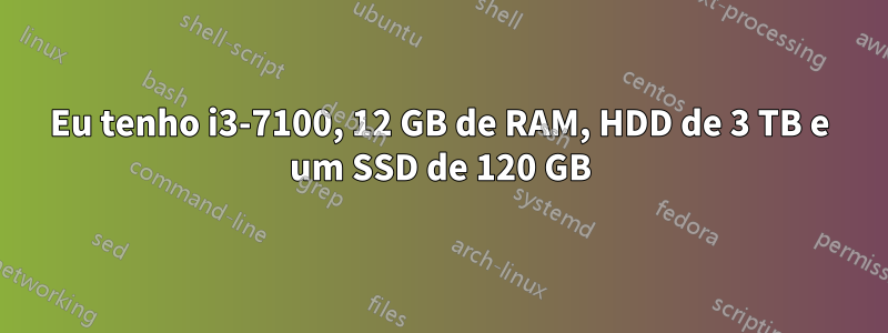 Eu tenho i3-7100, 12 GB de RAM, HDD de 3 TB e um SSD de 120 GB