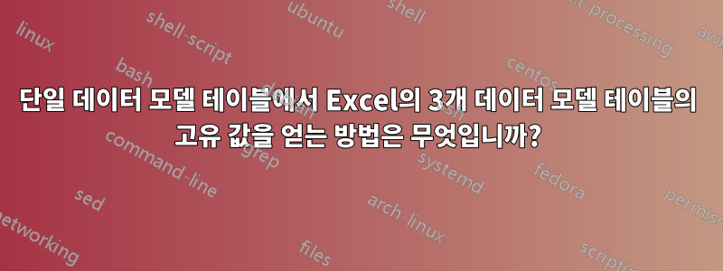 단일 데이터 모델 테이블에서 Excel의 3개 데이터 모델 테이블의 고유 값을 얻는 방법은 무엇입니까?