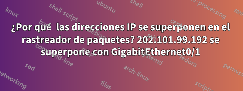 ¿Por qué las direcciones IP se superponen en el rastreador de paquetes? 202.101.99.192 se superpone con GigabitEthernet0/1