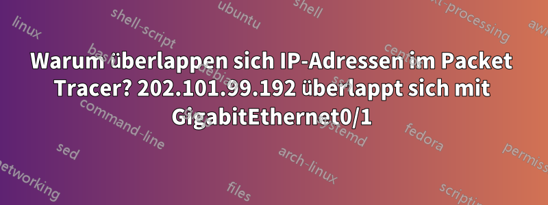 Warum überlappen sich IP-Adressen im Packet Tracer? 202.101.99.192 überlappt sich mit GigabitEthernet0/1