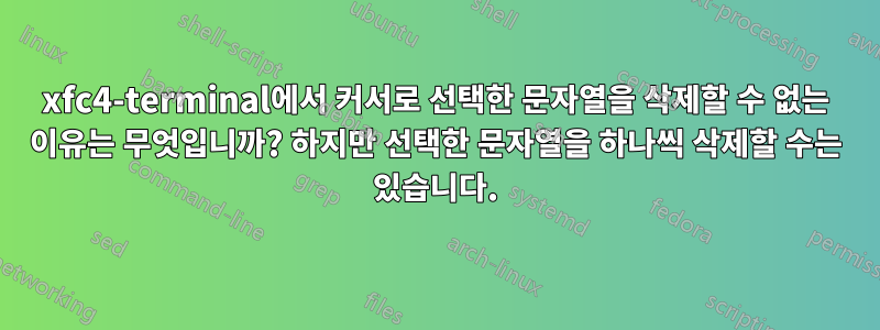 xfc4-terminal에서 커서로 선택한 문자열을 삭제할 수 없는 이유는 무엇입니까? 하지만 선택한 문자열을 하나씩 삭제할 수는 있습니다.