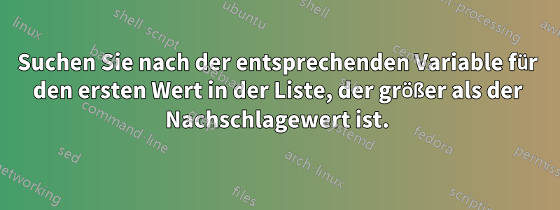 Suchen Sie nach der entsprechenden Variable für den ersten Wert in der Liste, der größer als der Nachschlagewert ist.