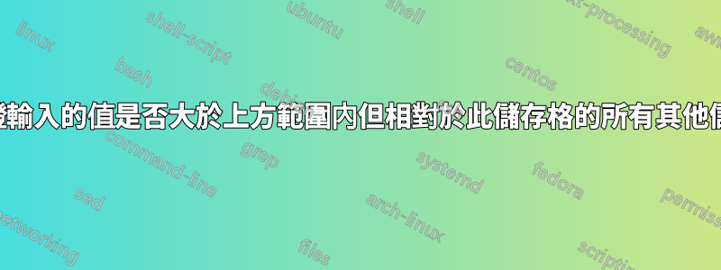 如何驗證輸入的值是否大於上方範圍內但相對於此儲存格的所有其他儲存格？