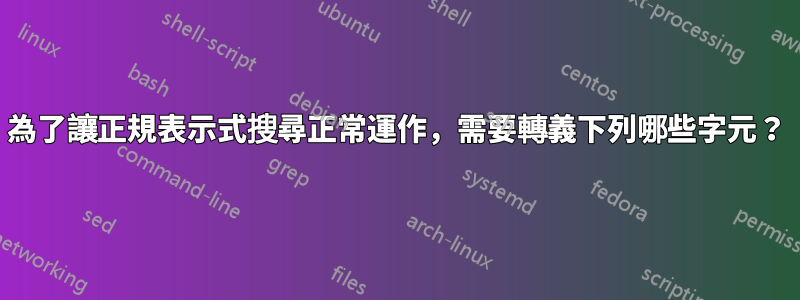 為了讓正規表示式搜尋正常運作，需要轉義下列哪些字元？