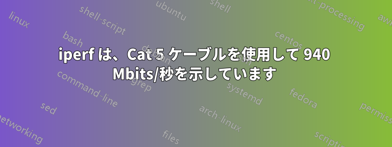 iperf は、Cat 5 ケーブルを使用して 940 Mbits/秒を示しています