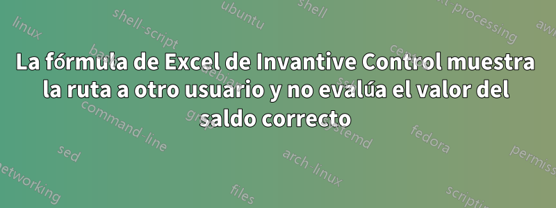 La fórmula de Excel de Invantive Control muestra la ruta a otro usuario y no evalúa el valor del saldo correcto