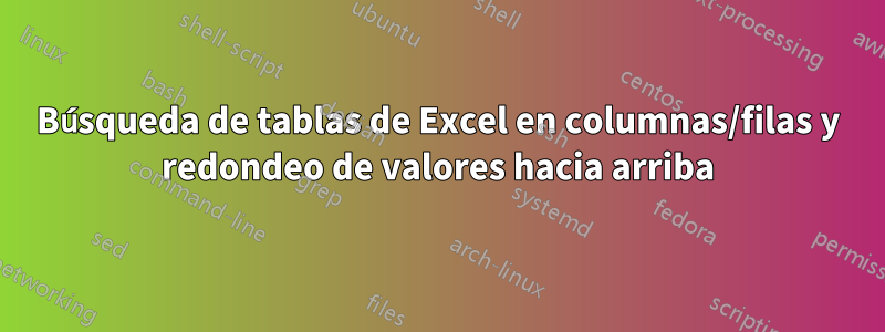 Búsqueda de tablas de Excel en columnas/filas y redondeo de valores hacia arriba