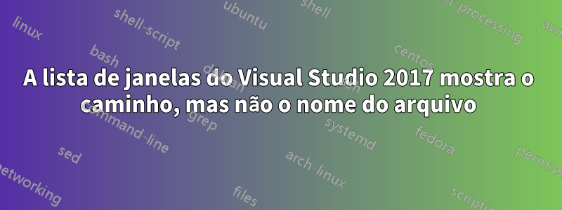 A lista de janelas do Visual Studio 2017 mostra o caminho, mas não o nome do arquivo