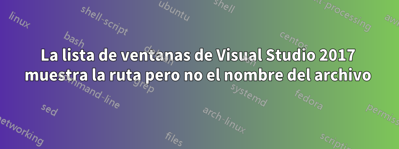 La lista de ventanas de Visual Studio 2017 muestra la ruta pero no el nombre del archivo