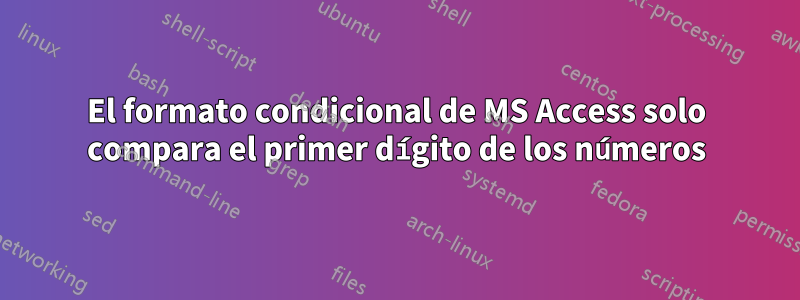 El formato condicional de MS Access solo compara el primer dígito de los números