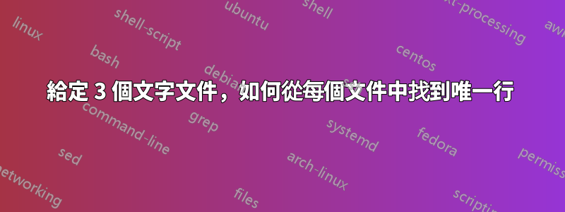 給定 3 個文字文件，如何從每個文件中找到唯一行