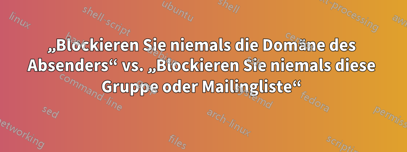 „Blockieren Sie niemals die Domäne des Absenders“ vs. „Blockieren Sie niemals diese Gruppe oder Mailingliste“