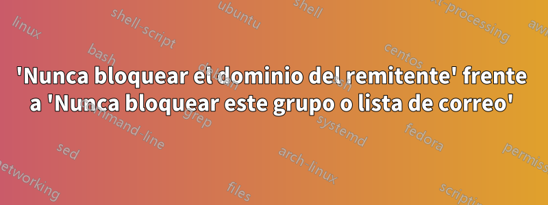 'Nunca bloquear el dominio del remitente' frente a 'Nunca bloquear este grupo o lista de correo'