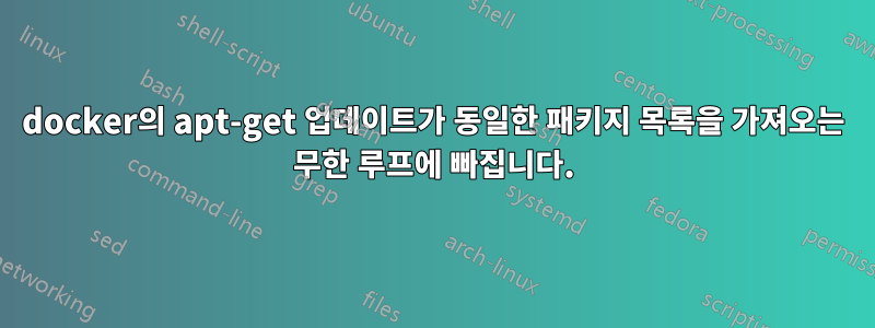 docker의 apt-get 업데이트가 동일한 패키지 목록을 가져오는 무한 루프에 빠집니다.