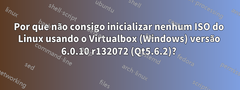 Por que não consigo inicializar nenhum ISO do Linux usando o Virtualbox (Windows) versão 6.0.10 r132072 (Qt5.6.2)?