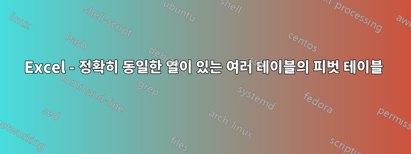 Excel - 정확히 동일한 열이 있는 여러 테이블의 피벗 테이블